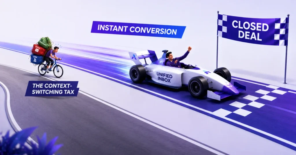 A conceptual race on a track toward a Closed Deal finish line. In the lead is a sleek race car labeled 'Unified Inbox' achieving 'Instant Conversion.' Trailing behind is a salesperson on a bicycle struggling to carry heavy bags labeled WhatsApp, Email, and CRM, representing the Context-Switching Tax.
