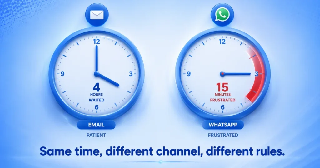 A comparison of customer response expectations showing that waiting 4 hours for an email is acceptable, while waiting 15 minutes on WhatsApp leads to customer frustration.