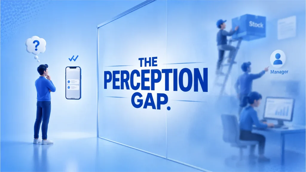 A creative illustration of the Perception Gap showing Why do customers feel ignored in customer service indicating a frustrated customer looking at a read receipt while a support team works behind a frosted glass wall.