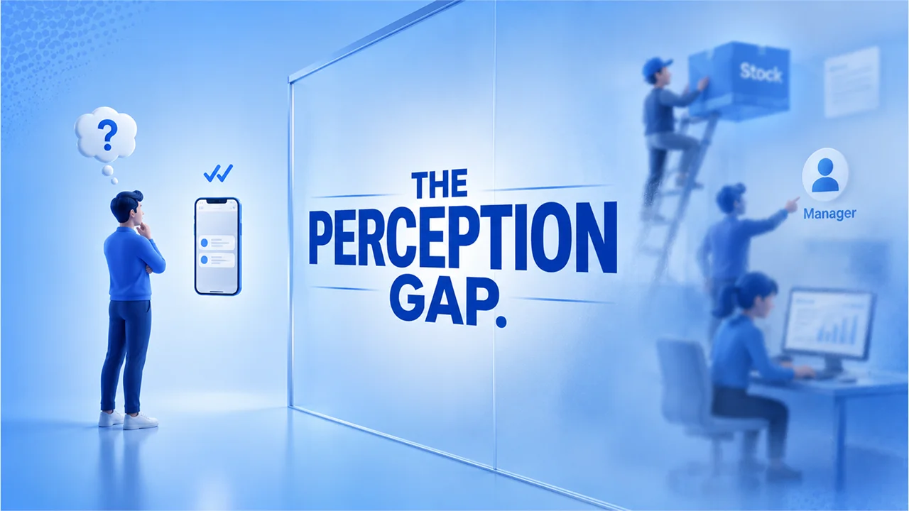 A creative illustration of the Perception Gap showing Why do customers feel ignored in customer service indicating a frustrated customer looking at a read receipt while a support team works behind a frosted glass wall.