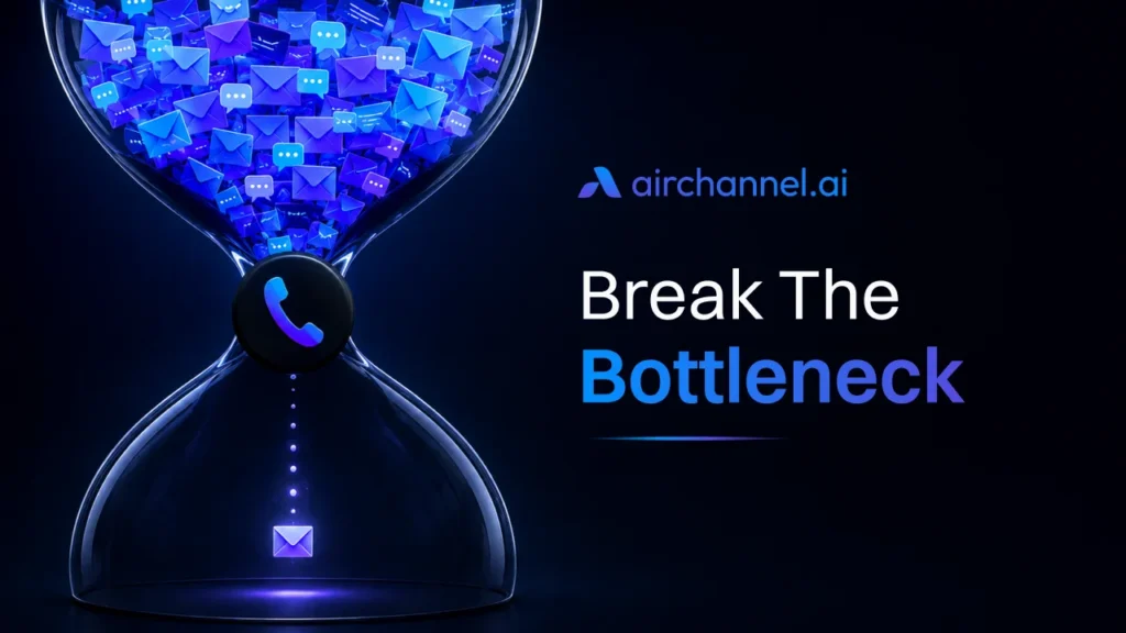Surrealist hourglass visual showing thousands of unread messages blocked by a single phone icon, representing a customer service bottleneck and slow team response times.