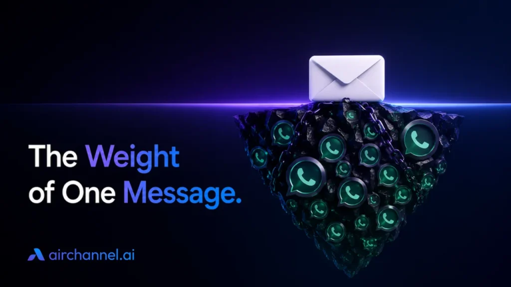 A conceptual 3D iceberg visual illustrating why teams need shared inboxes, showing a single email envelope above the surface and a heavy, chained rock of fragmented WhatsApp messages submerged below.