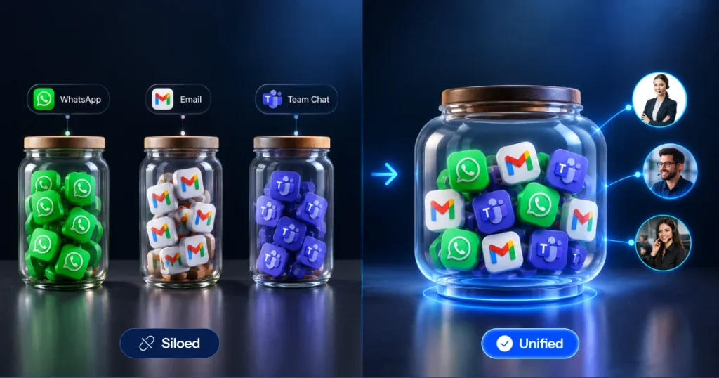 A comparison diagram showing siloed glass jars containing separate WhatsApp, Gmail, and Teams icons vs a unified glass jar where all communication channels are combined for multi-agent support access.