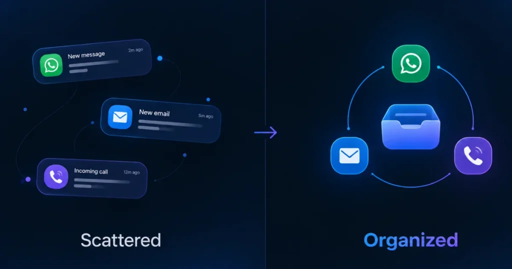 Visual comparing scattered WhatsApp, email, and phone inquiries with an organized shared workspace for managing customer conversations.
