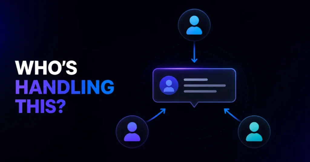 Graphic depicting three staff avatars pointing toward a single message bubble, with the text WHO'S HANDLING THIS?