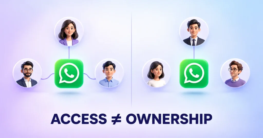 Side-by-side comparison diagram illustrating shared WhatsApp number access versus clear conversation ownership for healthcare teams, featuring the text "ACCESS ≠ OWNERSHIP".