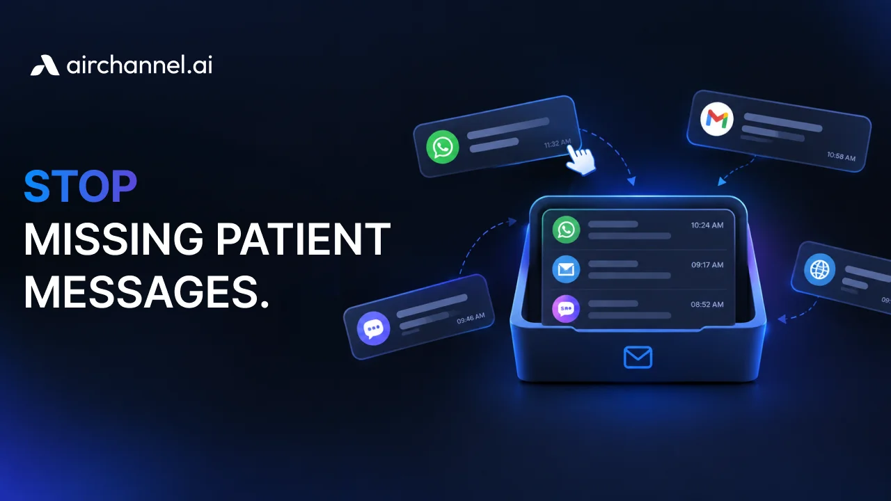 Graphic illustrating patient messages from WhatsApp, Gmail, and chat platforms funneling into a unified inbox with the headline Stop Missing Patient Messages.