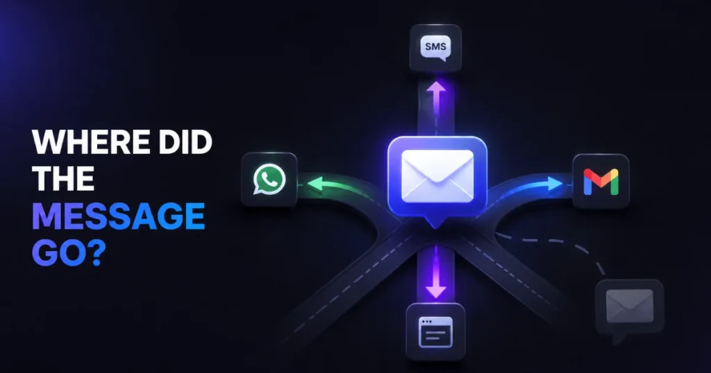 Graphic displaying a glowing envelope icon at a crossroad with arrows pointing to WhatsApp, Gmail, SMS, and web channels alongside the text Where Did The Message Go?